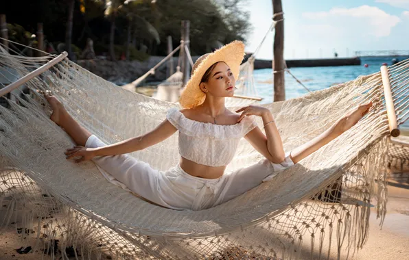 Sand, sea, beach, the sun, pose, mesh, model, hat