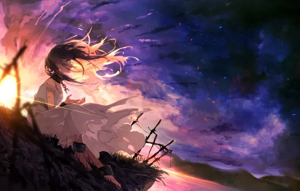 Girl, sunset, open, tears, chain