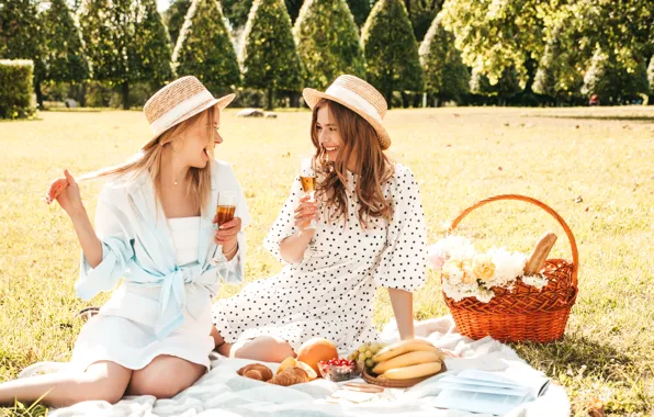 Summer, light, girls, stay, glade, fruit, picnic, basket