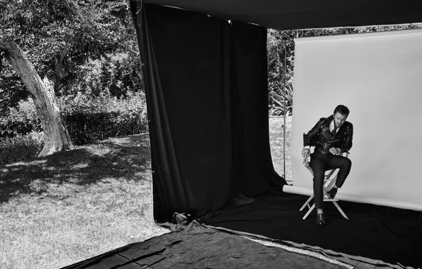 Grass, trees, photo, glade, jacket, shoes, actor, black and white