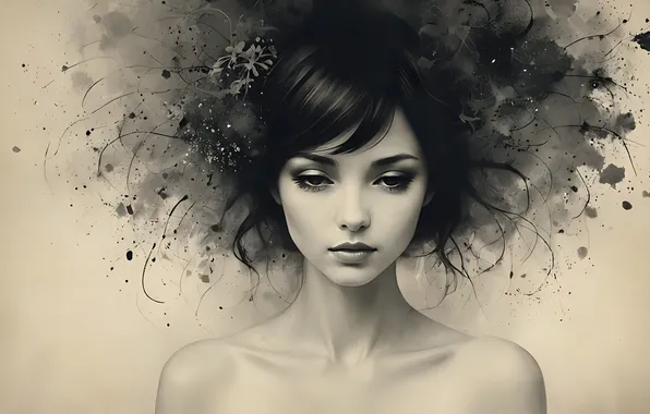 Girl, monochrome, AI art, neural network