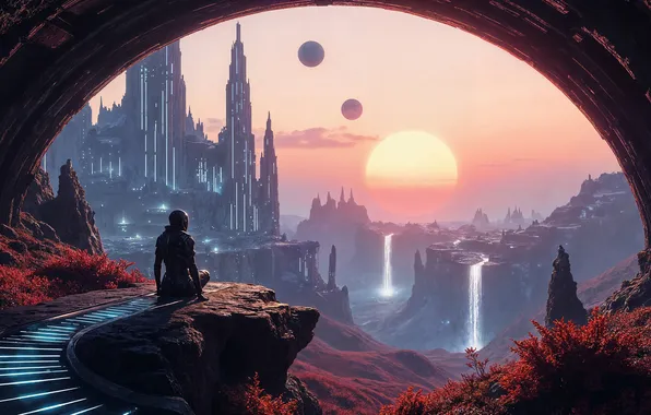 The sun, fog, castle, rocks, people, planet, robot, dal