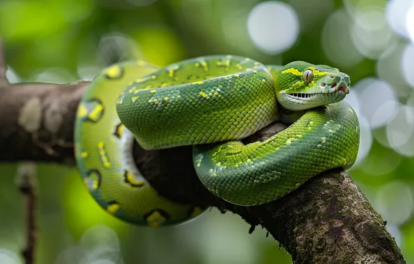 Look, tree, snake, Python, green, bokeh, reptile, AI art
