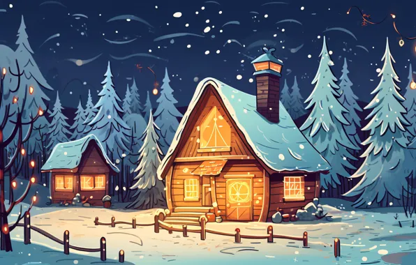 Winter, snow, house, holiday, graphics, Christmas, hut, New year