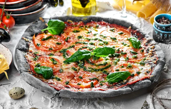 Eggs, cheese, pizza, tomatoes, Basil
