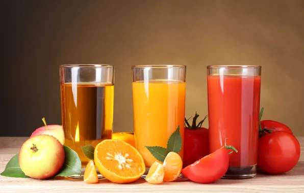 Apples, oranges, glasses, fruit, vegetables, tomatoes, juices, orange