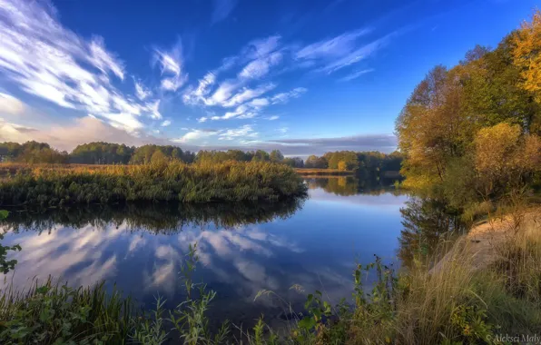 Autumn, the sky, trees, lake, beauty, Aleksei Malygin