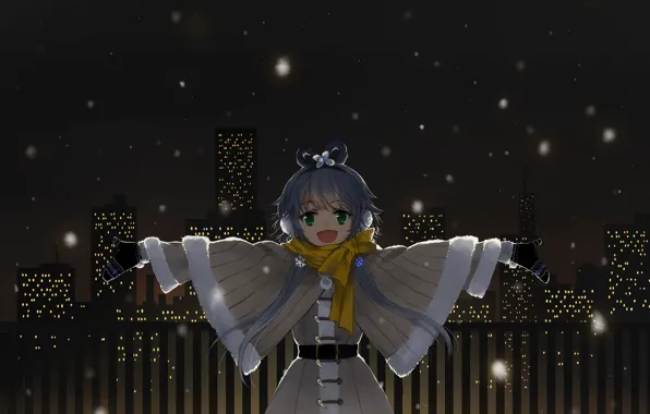 Girl, snow, snowflakes, the city, lights, home, anime, headphones