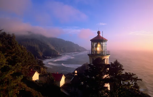 Sea, the sky, clouds, mountains, lighthouse, Oregon, haze, USA