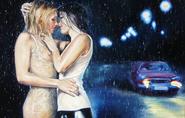 Road, machine, night, lights, girls, rain, lights, figure