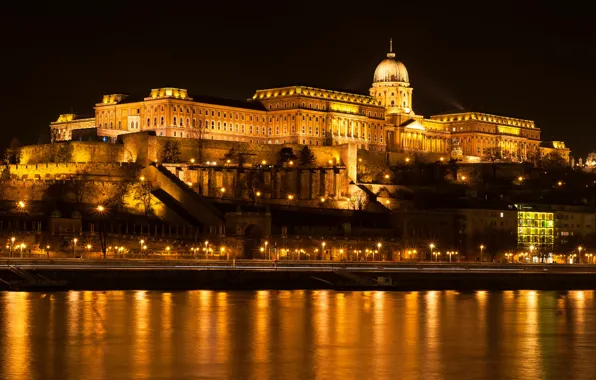 Night, lights, river, Palace, Hungary, Budapest, The Danube