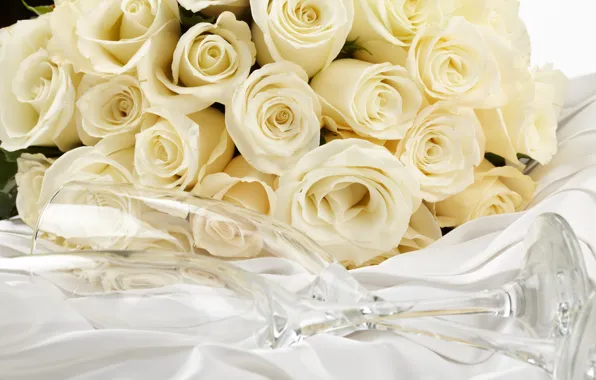 Picture bouquet, glasses, white, white roses, flowers, roses