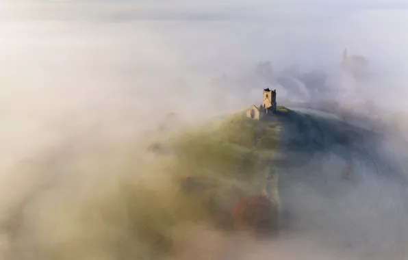 Fog, hills, England, ruins, Somerset, Burrow Mump, St. Michael 's Church, Burrowbridge