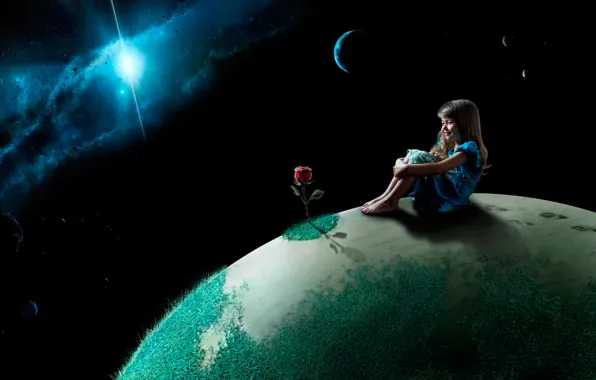 Space, rose, planet, girl, child