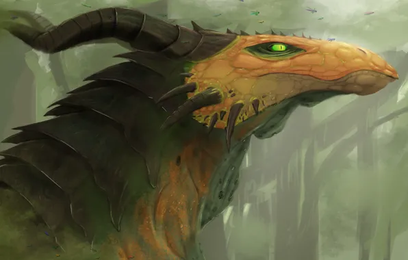 Fiction, art. dragon. look, green eyes. horns