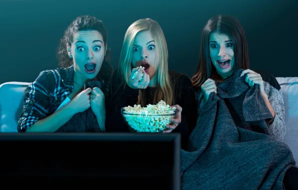 Girls, movie, fear, sofa, popcorn