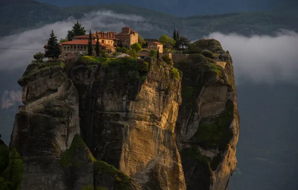 Picture Greece, mountains, nature, the monastery, Meteors, vegetation, clouds, rocks