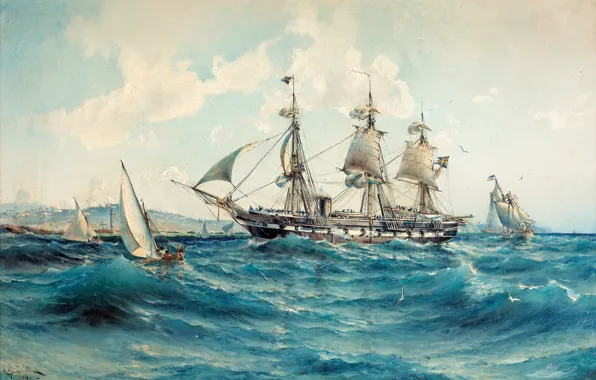 Sea, ship, Storm, harbour, Herman Gustav Sillen, Realism