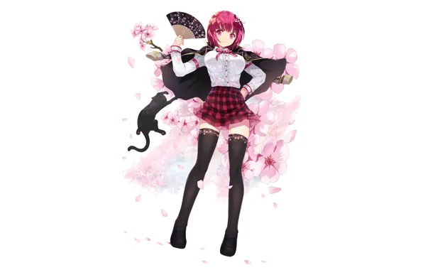 Picture white, cat, girl, flowers, background, fan, anime, art