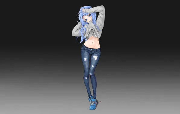 Picture girl, sexy, long hair, anime, blue eyes, beautiful, pretty, jeans