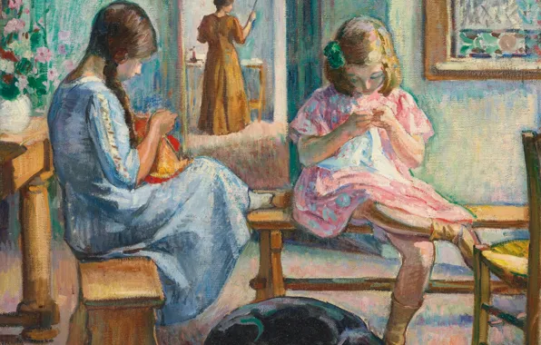 Room, girls, dog, picture, genre, Henri Lebacq, Sewing Girls