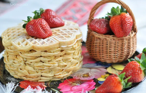 Berries, strawberry, basket, pancakes, tray