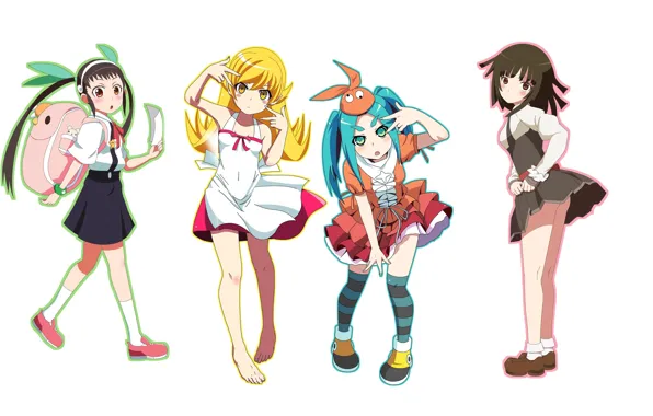 Bakemonogatari, oshino shinobu, sengoku nadeko, hachikuji mayo believe, ononoki yotsugi, natsuno mikan