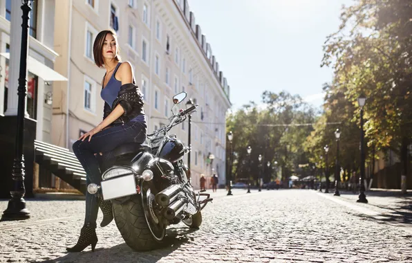 Girl, motorcycle, leather, jacket, biker