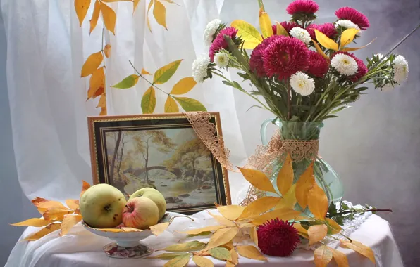 Autumn, leaves, apples, bouquet, picture, still life, asters