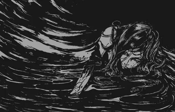 Loneliness, despair, vampire, pain, black hair, Castlevania, Ayami Kojima art, a pool of blood