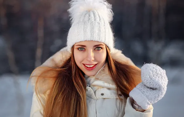 Winter, smile, hat, Girl, Alex Kashechkin, Daria Dementieva