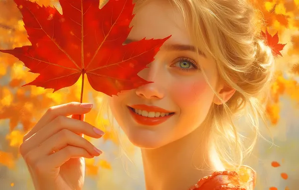 Autumn, girl, light, face, smile, portrait, blonde, autumn leaf