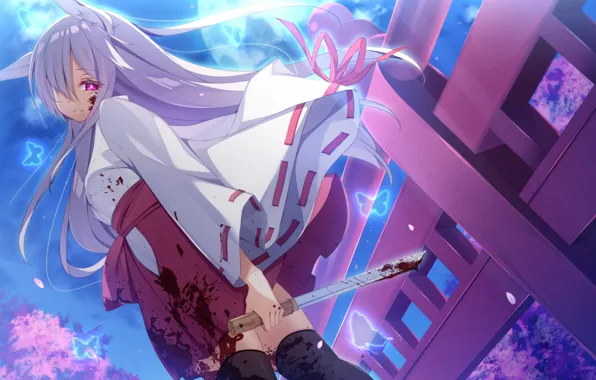 Picture girl, weapons, the moon, blood