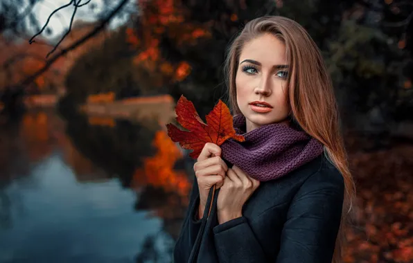 Picture autumn, girl, nature, sheet, portrait, Damian Feather