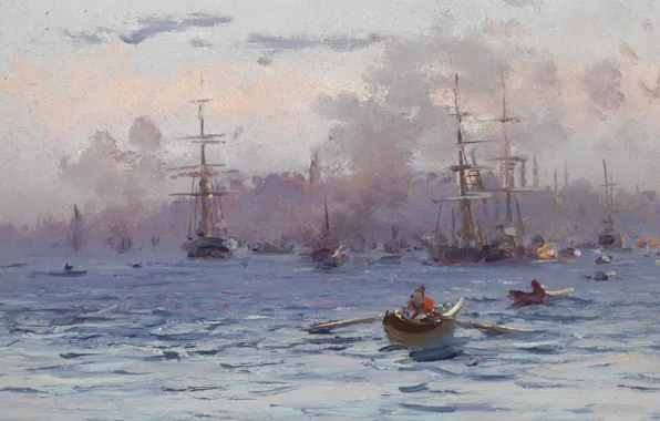 Picture landscape, Strait, boat, ship, picture, Fausto Zonaro, Fausto Zonaro, Cape Serale. Istanbul