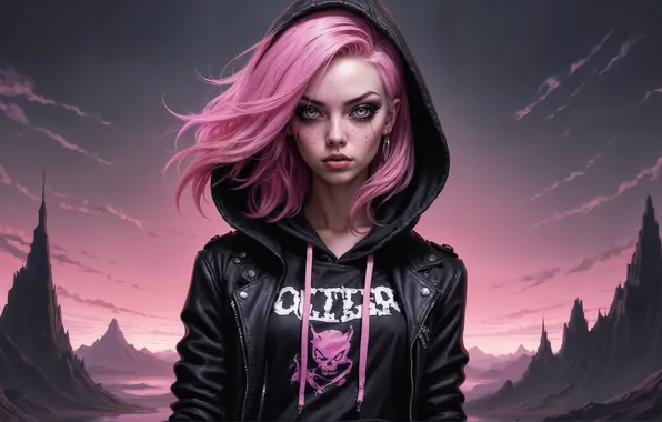 Girl, Punk, Face, Pink Hair, AI Art