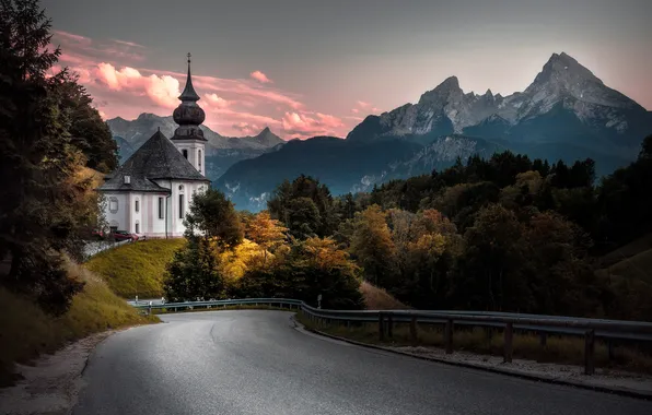 Autumn, mountains, Alps, Church
