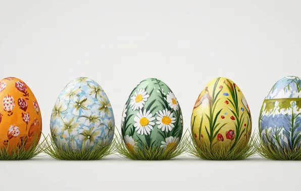 Flowers, holiday, patterns, eggs, spring, Easter, white background, painting