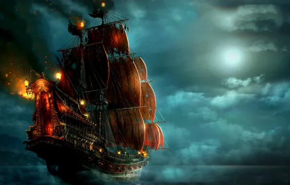 Picture sea, clouds, night, lights, the moon, ship, pirates