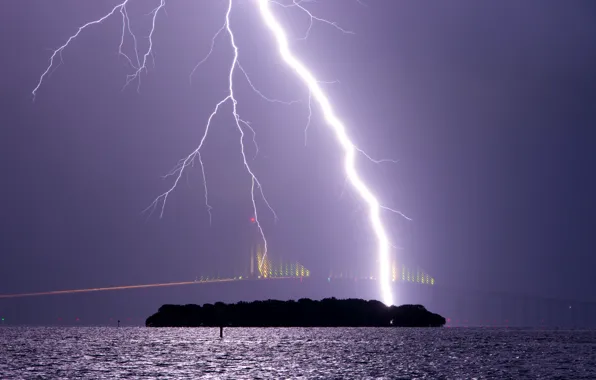 The storm, the sky, bridge, element, lightning