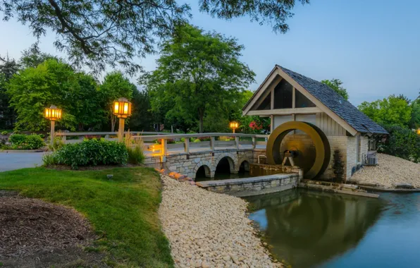 Landscape, bridge, river, mill