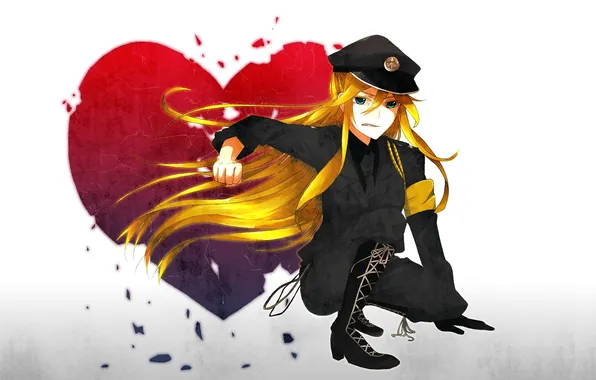 Fragments, boots, cap, long hair, badge, broken heart, evil girl, sitting on my lap
