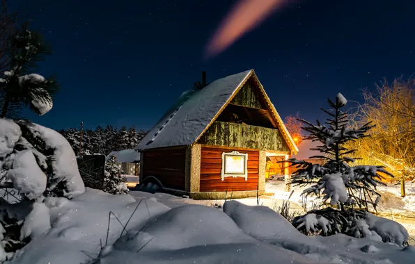 Winter, forest, snow, landscape, night, nature, house, ate