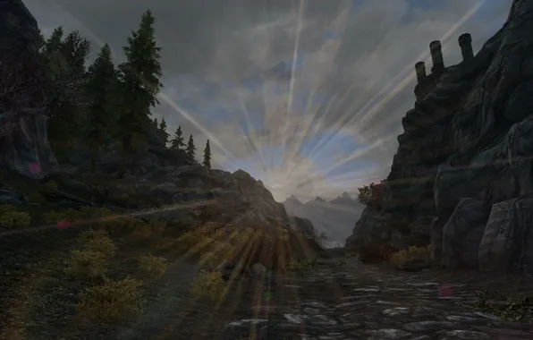 Road, the sun, trees, Fort, road, trees, sun, skyrim