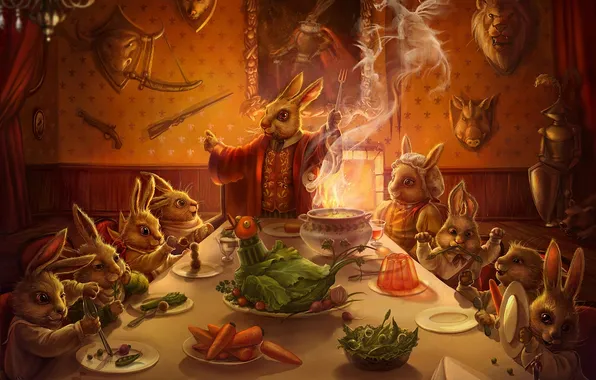 Picture table, food, family, art, rabbits, trophies, dinner