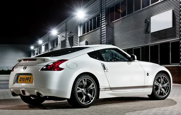 Picture white, night, the building, coupe, nissan, lights, sports car, Nissan