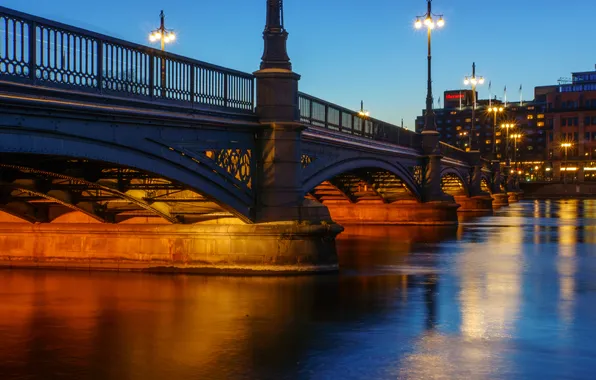 Night, bridge, the city, river, photo, home, lights, Sweden