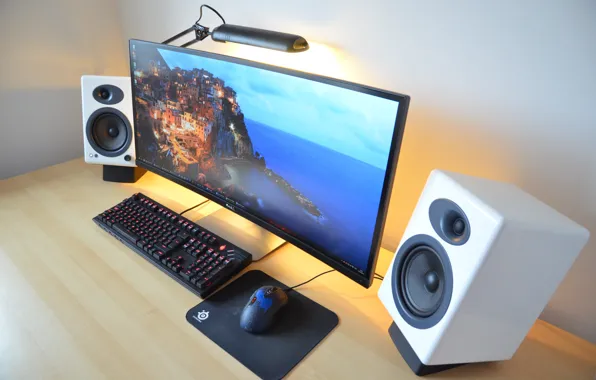 Picture mouse, keyboard, elegant pedestal, Desktop pc, curved monitor