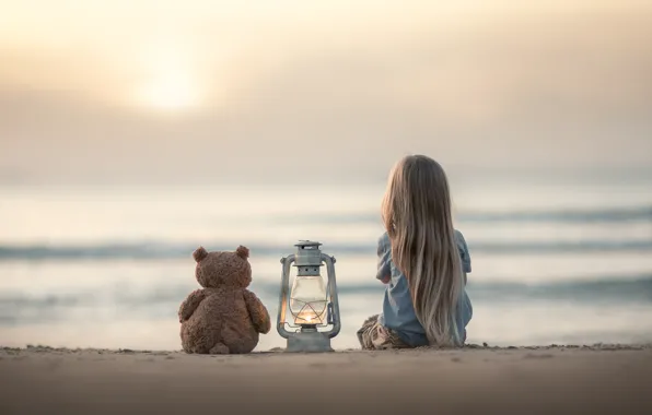 Sand, sea, mood, toy, girl, lantern, bear, Teddy bear