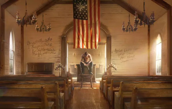 Picture Church, Flag, Weapons, Art, Ubisoft, Far Cry 5